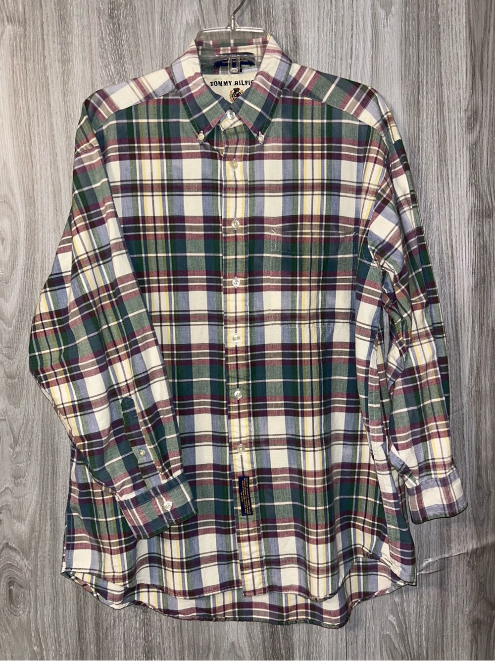Tommy Hilfiger Vtg Green and White Plaid Button-Down Shirt 16 1/2 33 Gold Crest